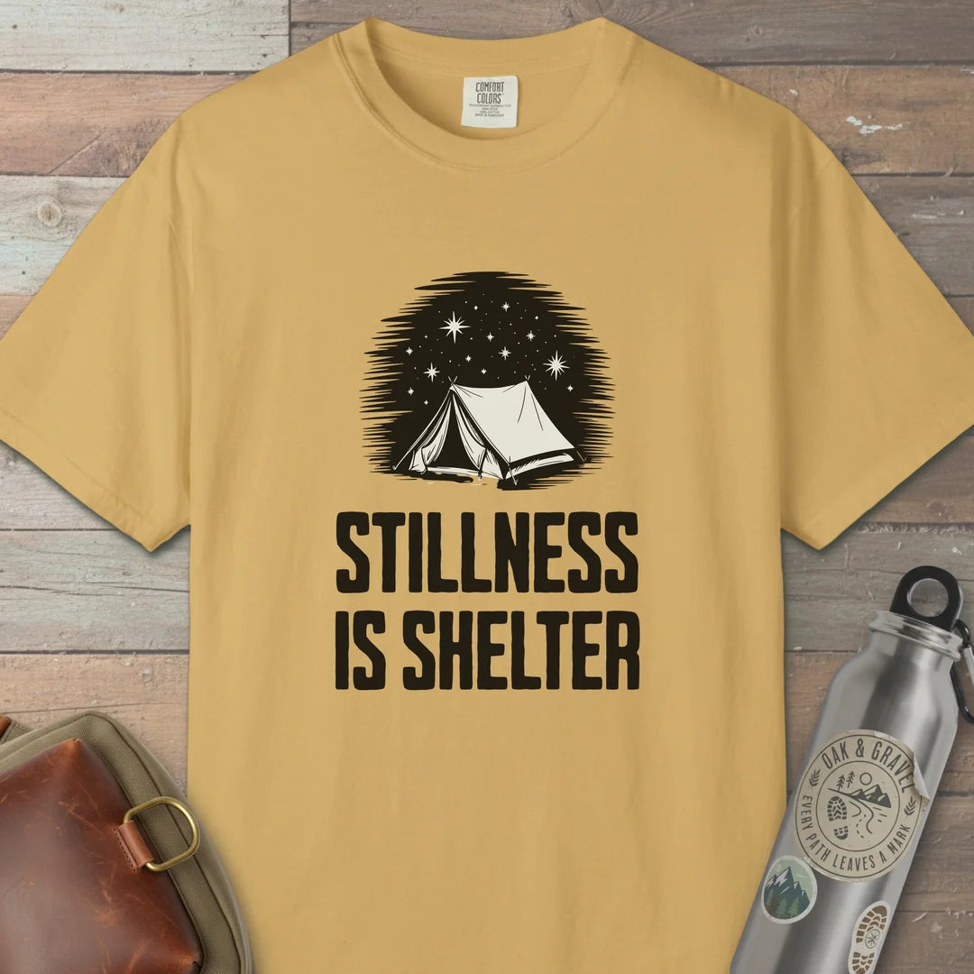 Stillness Is Shelter T-Shirt Mustard Outdoor Nature Tee
