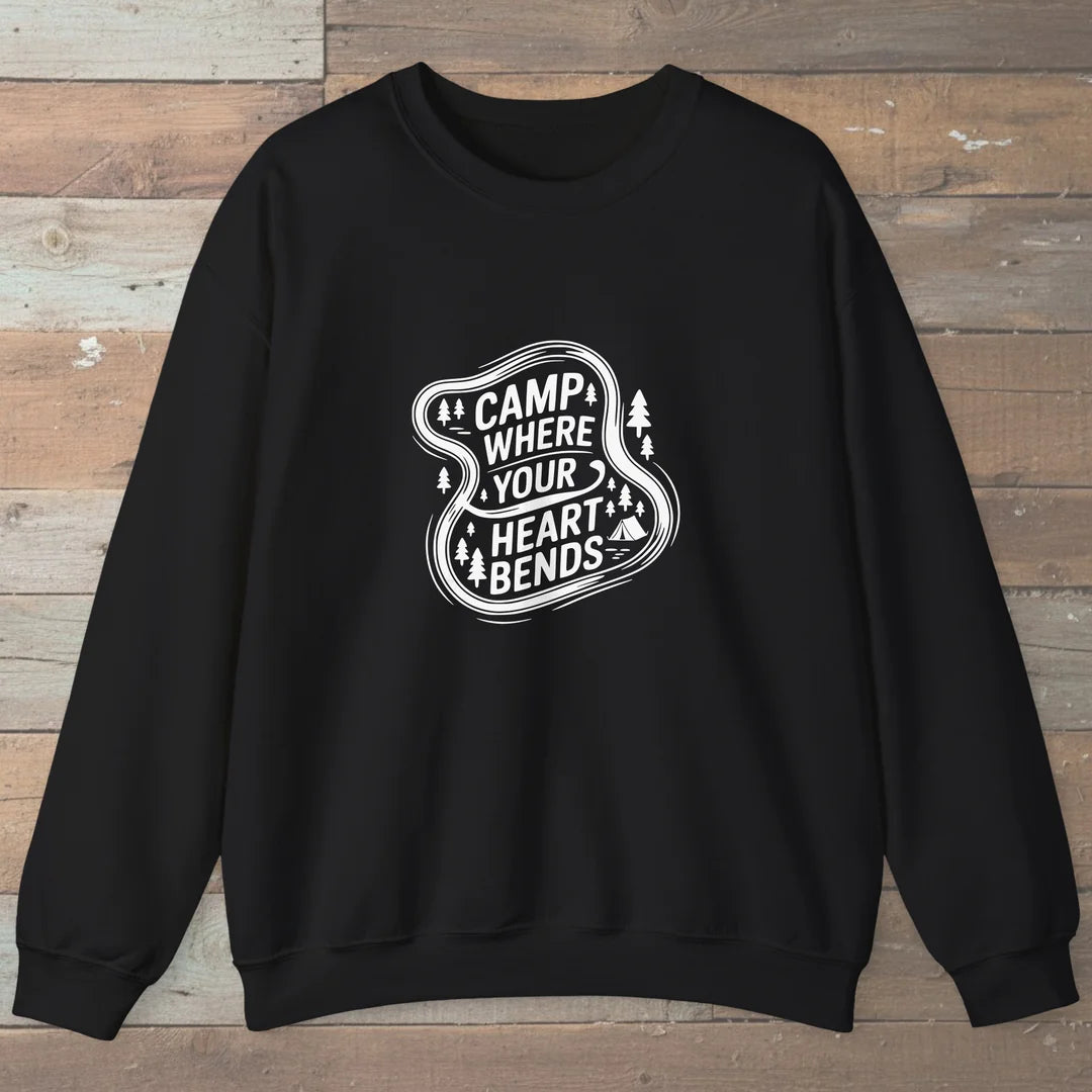Camp Where Your Heart Bends Sweatshirt Black Outdoor Nature Tee