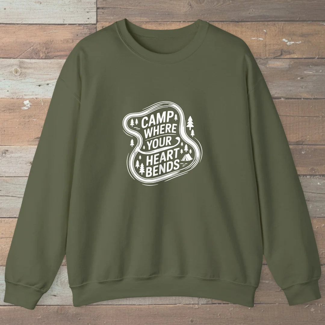Camp Where Your Heart Bends Sweatshirt Military Green Outdoor Nature Tee