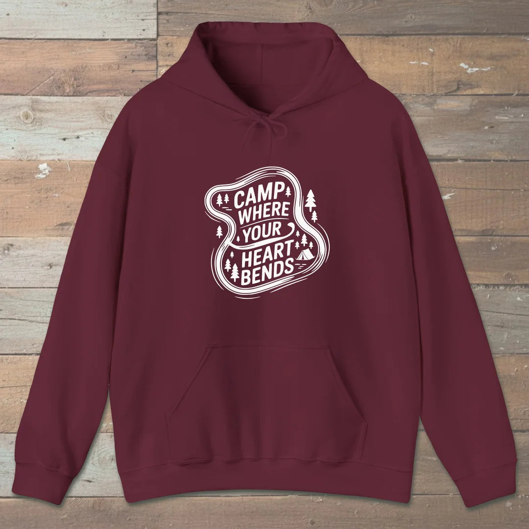 Camp Where Your Heart Bends Hoodie Maroon Outdoor Nature Tee