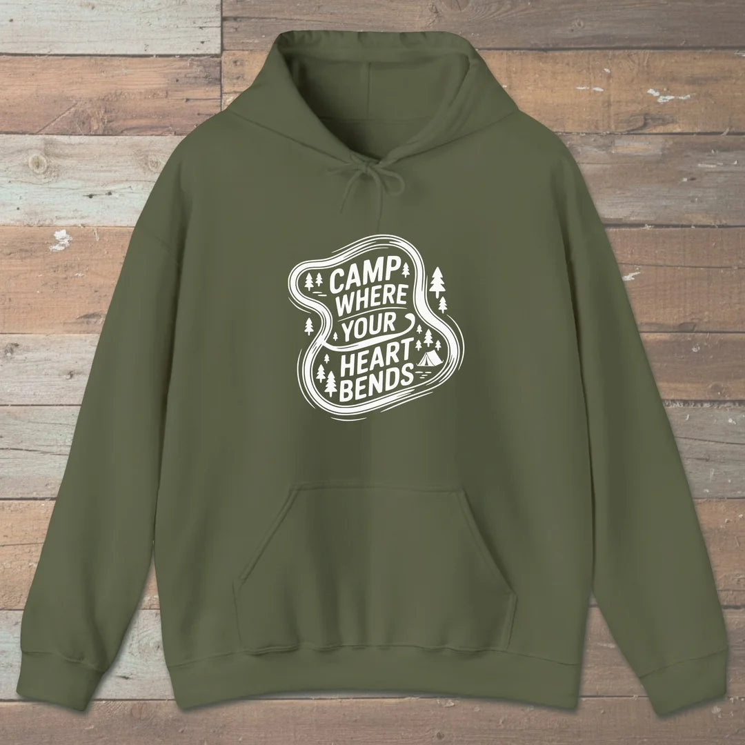 Camp Where Your Heart Bends Hoodie Military Green Outdoor Nature Tee