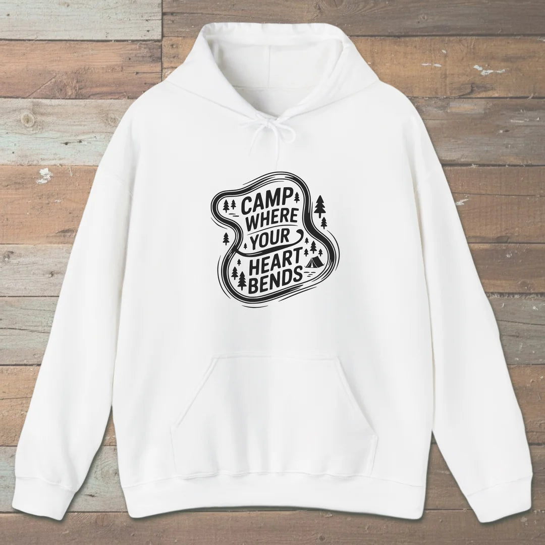 Camp Where Your Heart Bends Hoodie White Outdoor Nature Tee