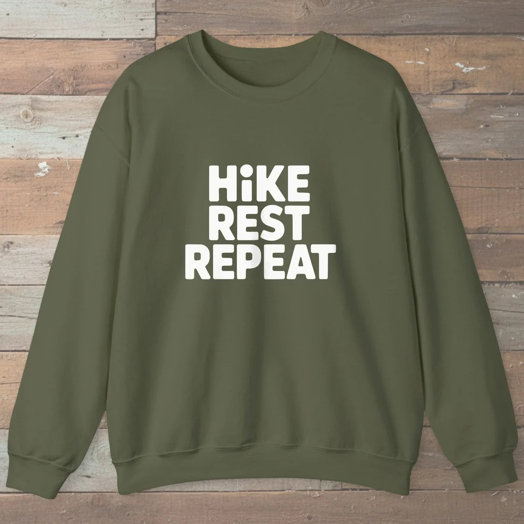 Hike Rest Repeat Sweatshirt Military Green Outdoor Nature Tee