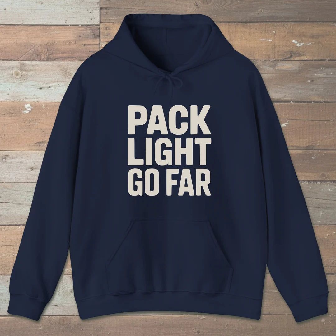 Pack Light Go Far Hoodie Navy Outdoor Nature Tee