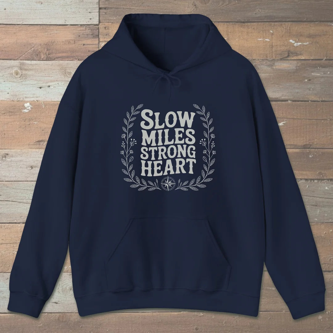 Slow Miles Strong Heart Hoodie Navy Outdoor Nature Tee