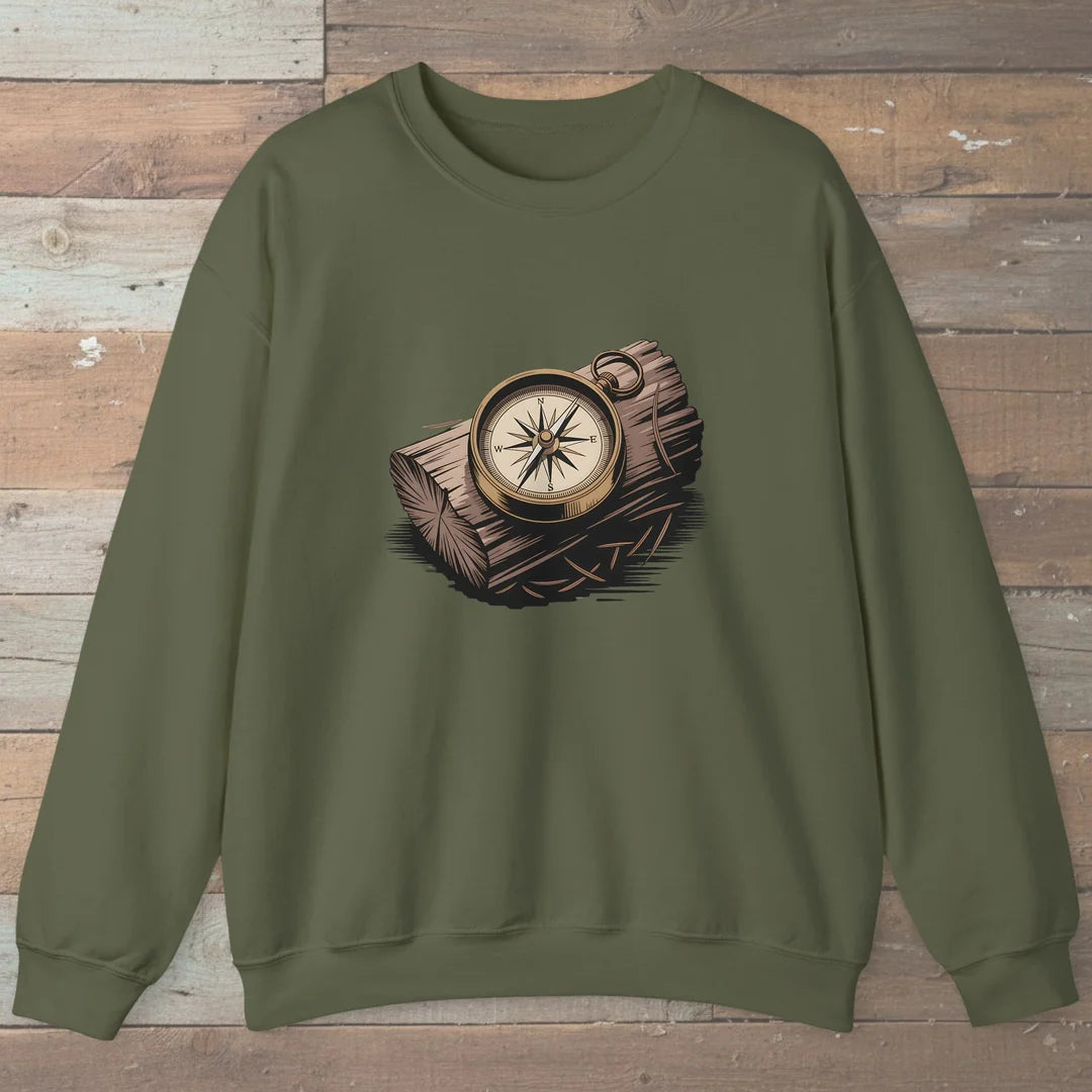 Compass On Log Sweatshirt Military Green Outdoor Nature Tee