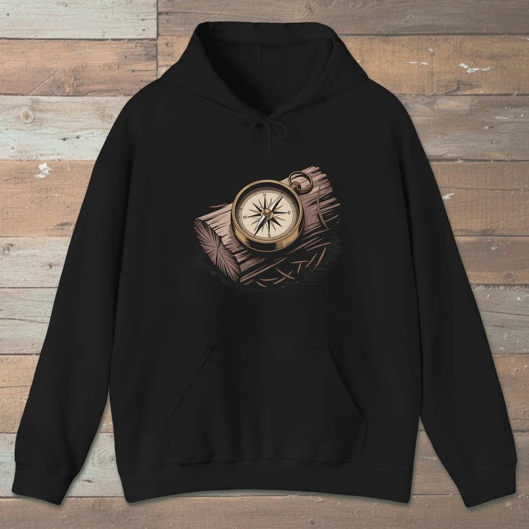 Compass On Log Hoodie Black Outdoor Nature Tee