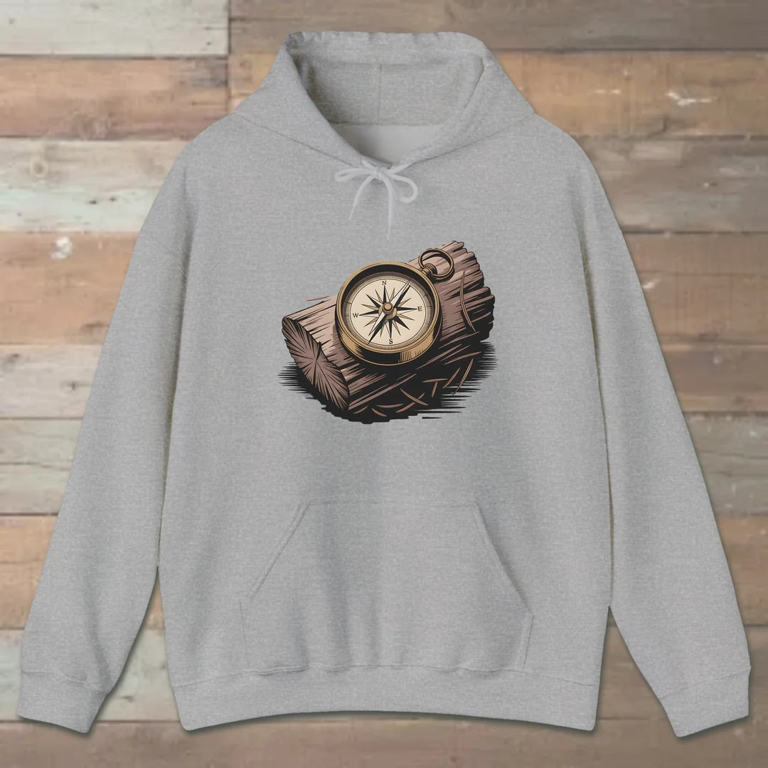 Compass On Log Hoodie Sport Grey Outdoor Nature Tee