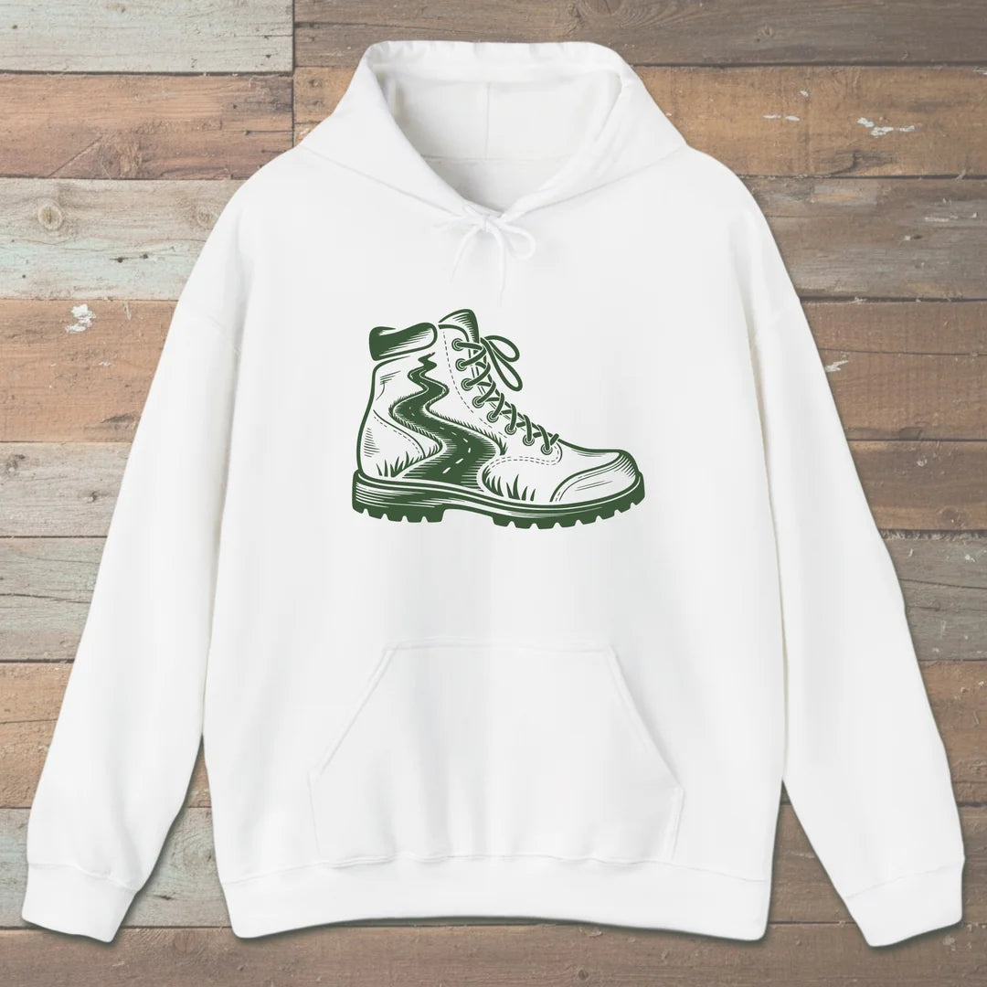 Trail Boot Hoodie White Outdoor Nature Tee