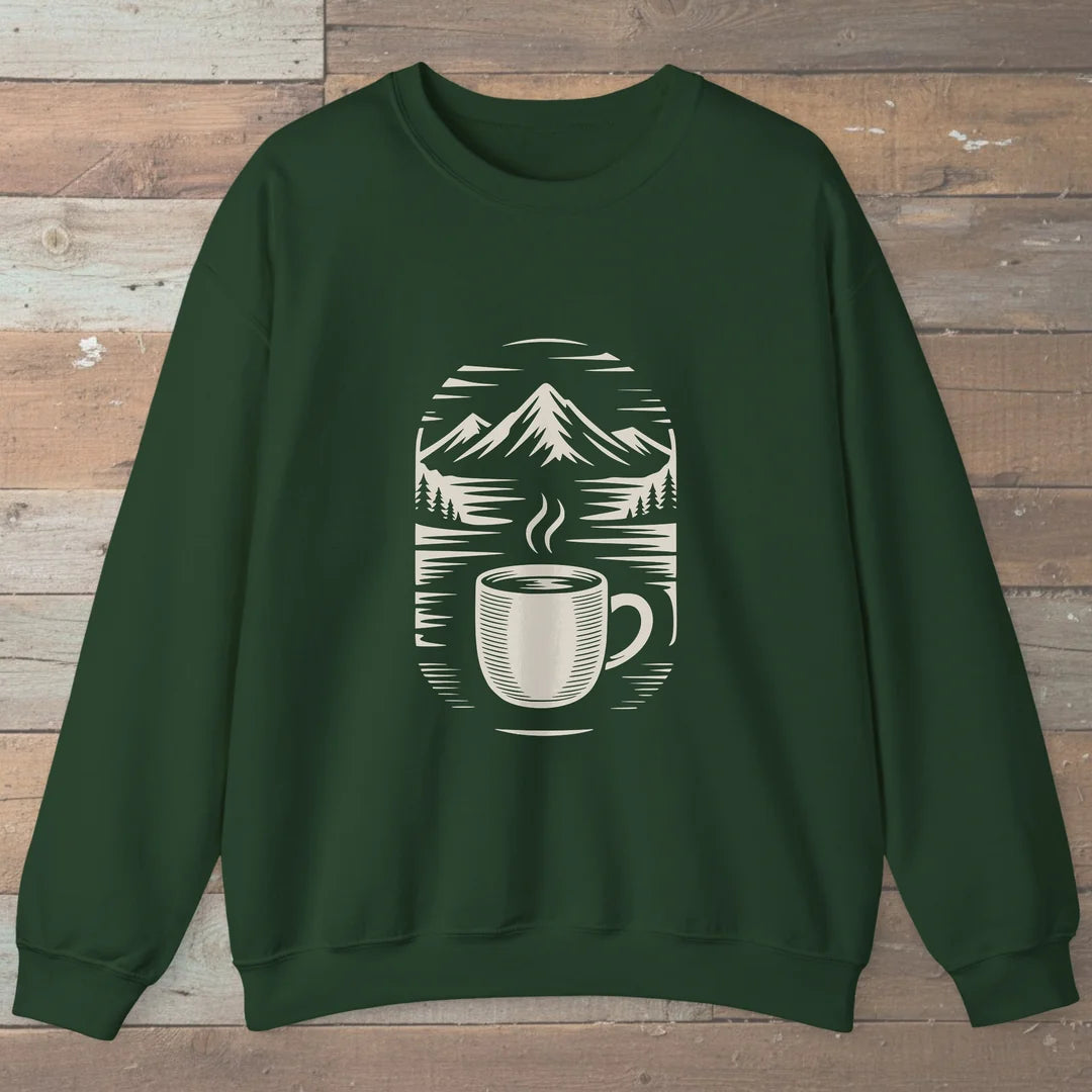 Morning Brew And Mountains Sweatshirt Forest Green Outdoor Nature Tee