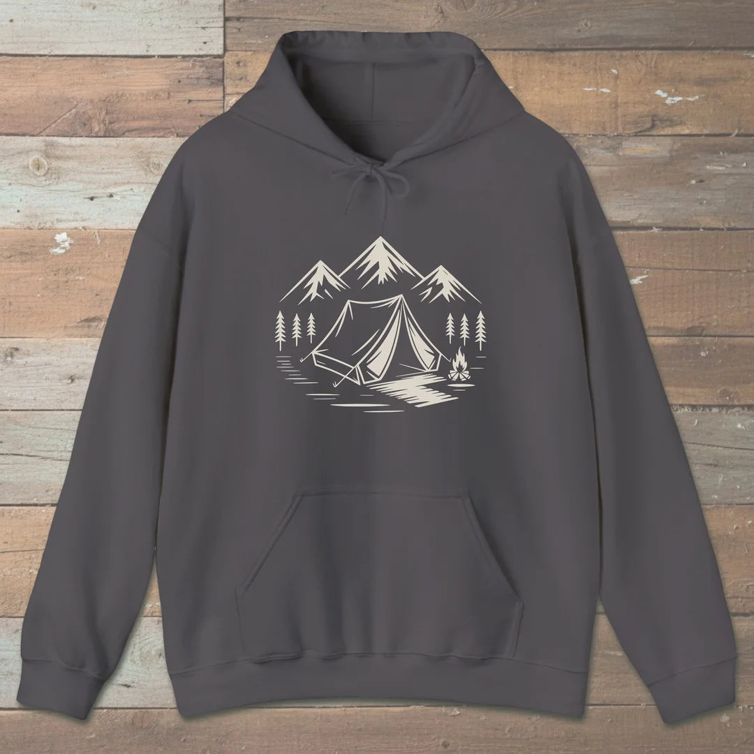 Campfire And Peaks Hoodie Charcoal Outdoor Nature Tee