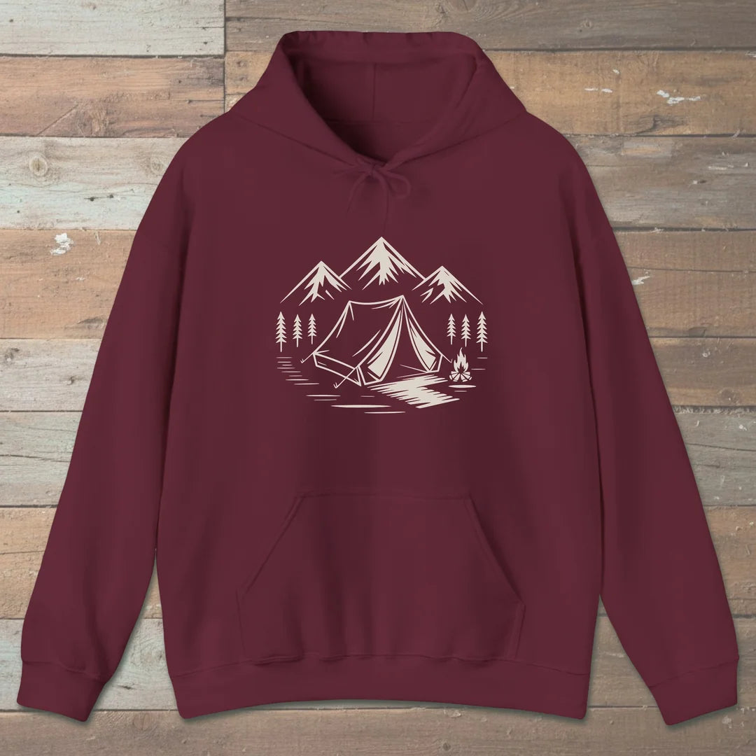 Campfire And Peaks Hoodie Maroon Outdoor Nature Tee
