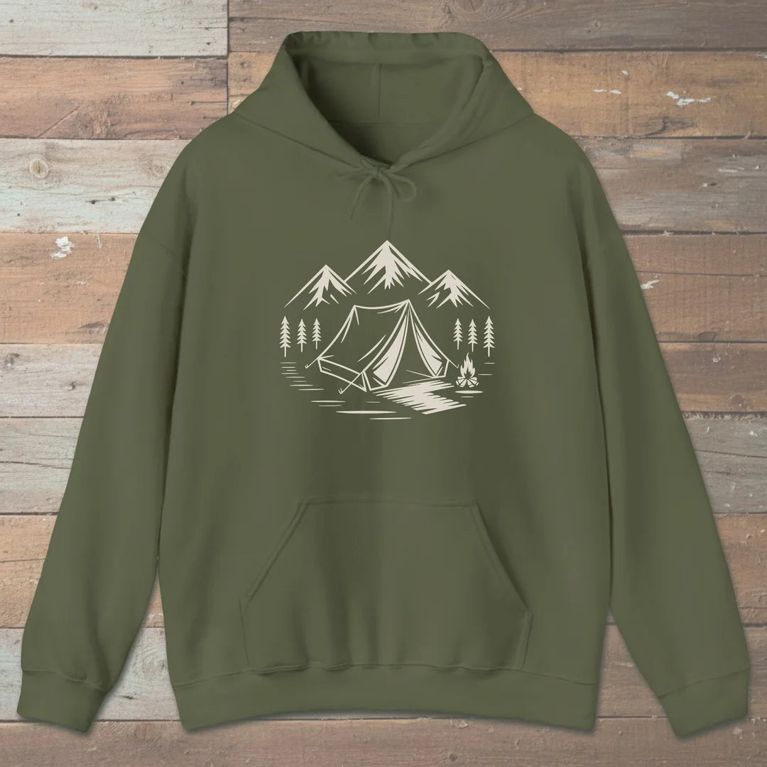 Campfire And Peaks Hoodie Military Green Outdoor Nature Tee