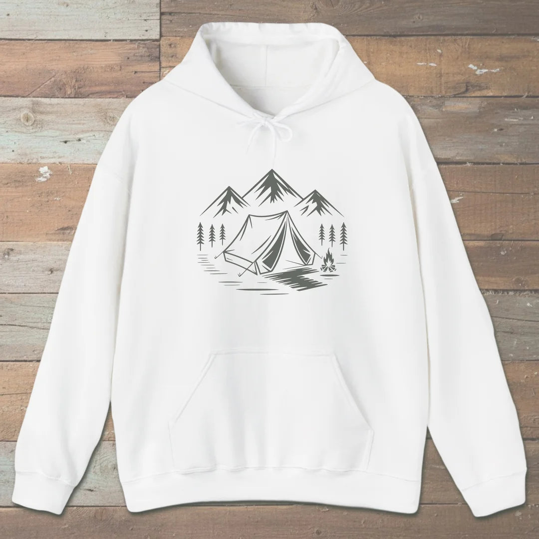 Campfire And Peaks Hoodie White Outdoor Nature Tee