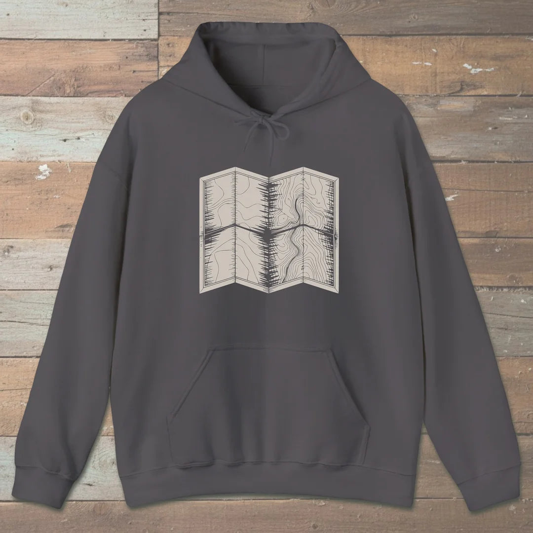 Topo Hiking Map Hoodie Charcoal Outdoor Nature Tee