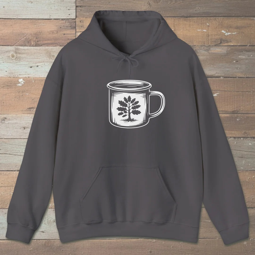 Camp Mug Tree Hoodie Charcoal Outdoor Nature Tee