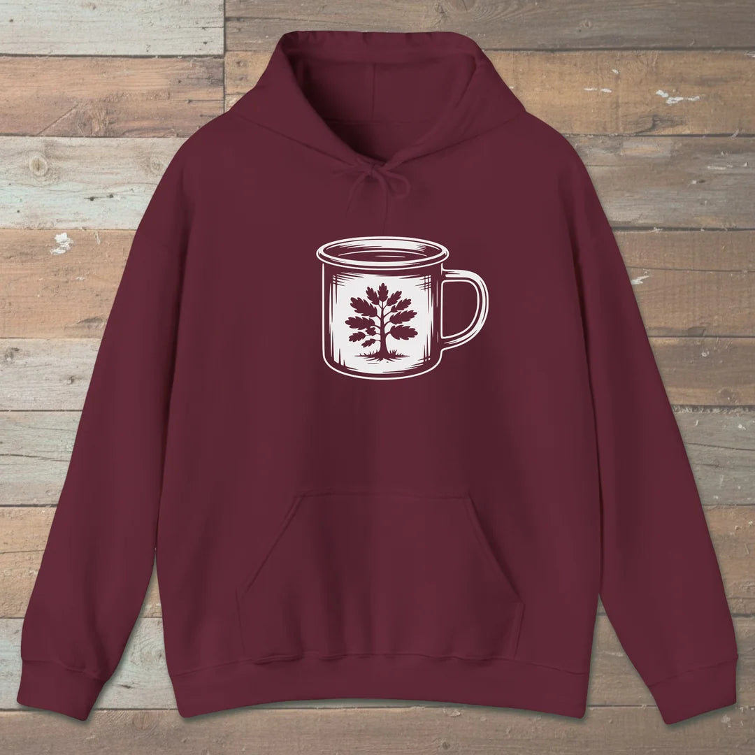 Camp Mug Tree Hoodie Maroon Outdoor Nature Tee
