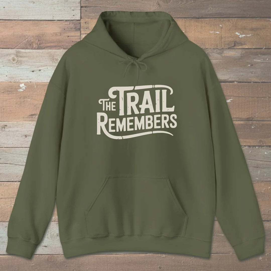 The Trail Remembers Hoodie Military Green Outdoor Nature Tee