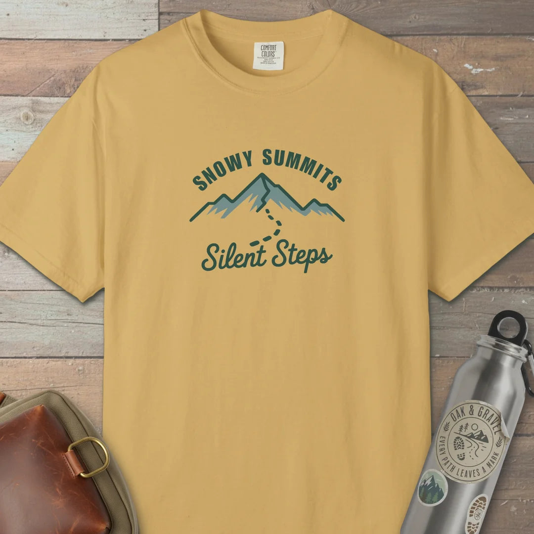 Snowy Summits Silent Steps T-Shirt Mustard Outdoor Nature Tee
