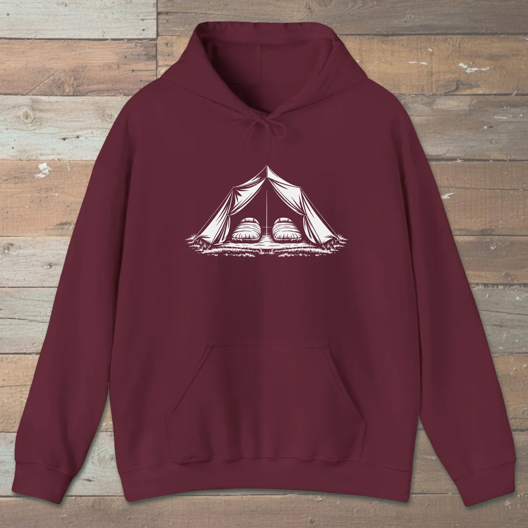 Cozy Camp Tent Twin Sleeping Bags Hoodie Maroon Outdoor Nature Tee
