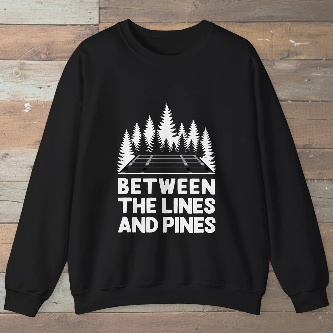 Between The Lines And Pines Sweatshirt Black Outdoor Nature Tee
