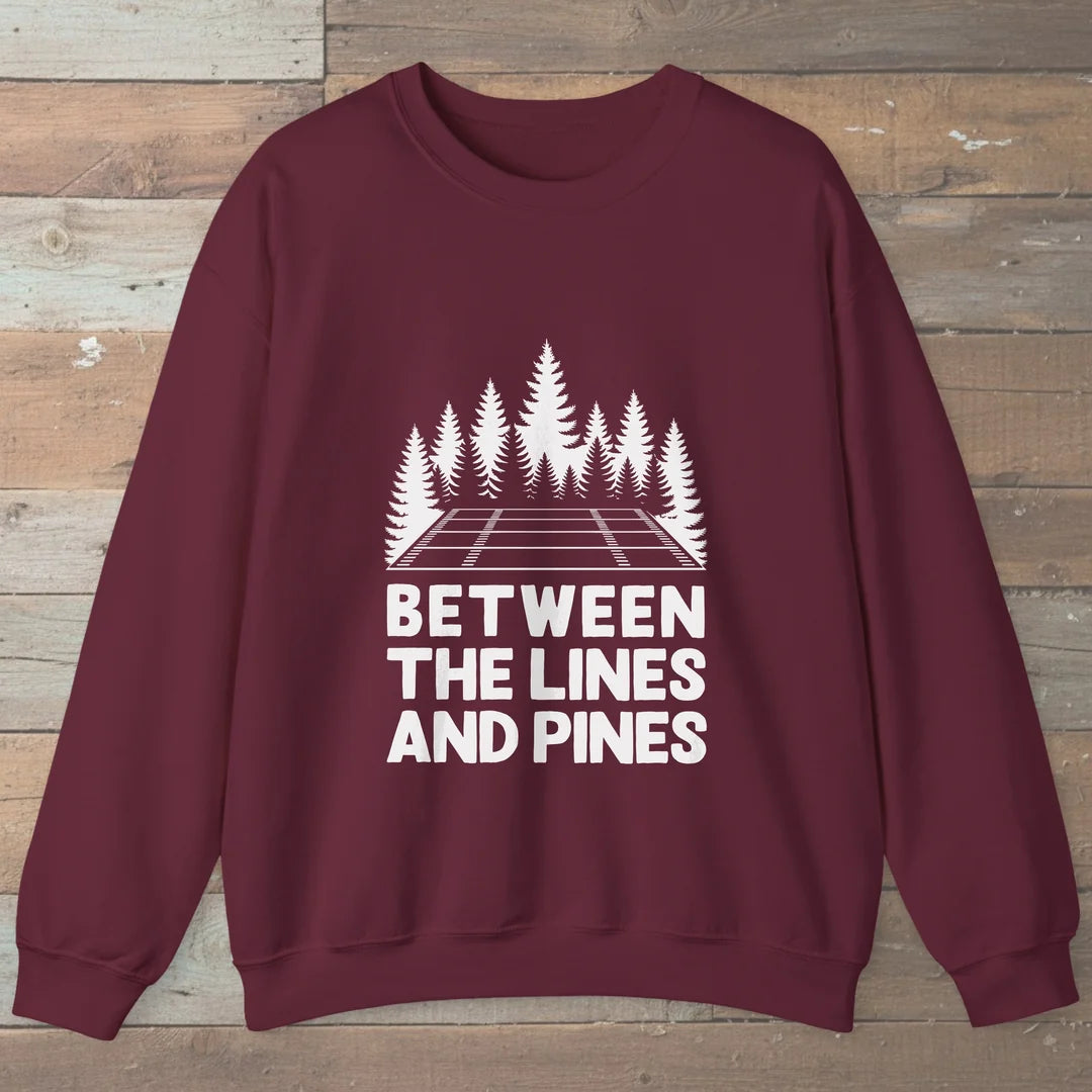Between The Lines And Pines Sweatshirt Maroon Outdoor Nature Tee