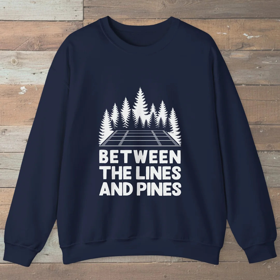 Between The Lines And Pines Sweatshirt Navy Outdoor Nature Tee
