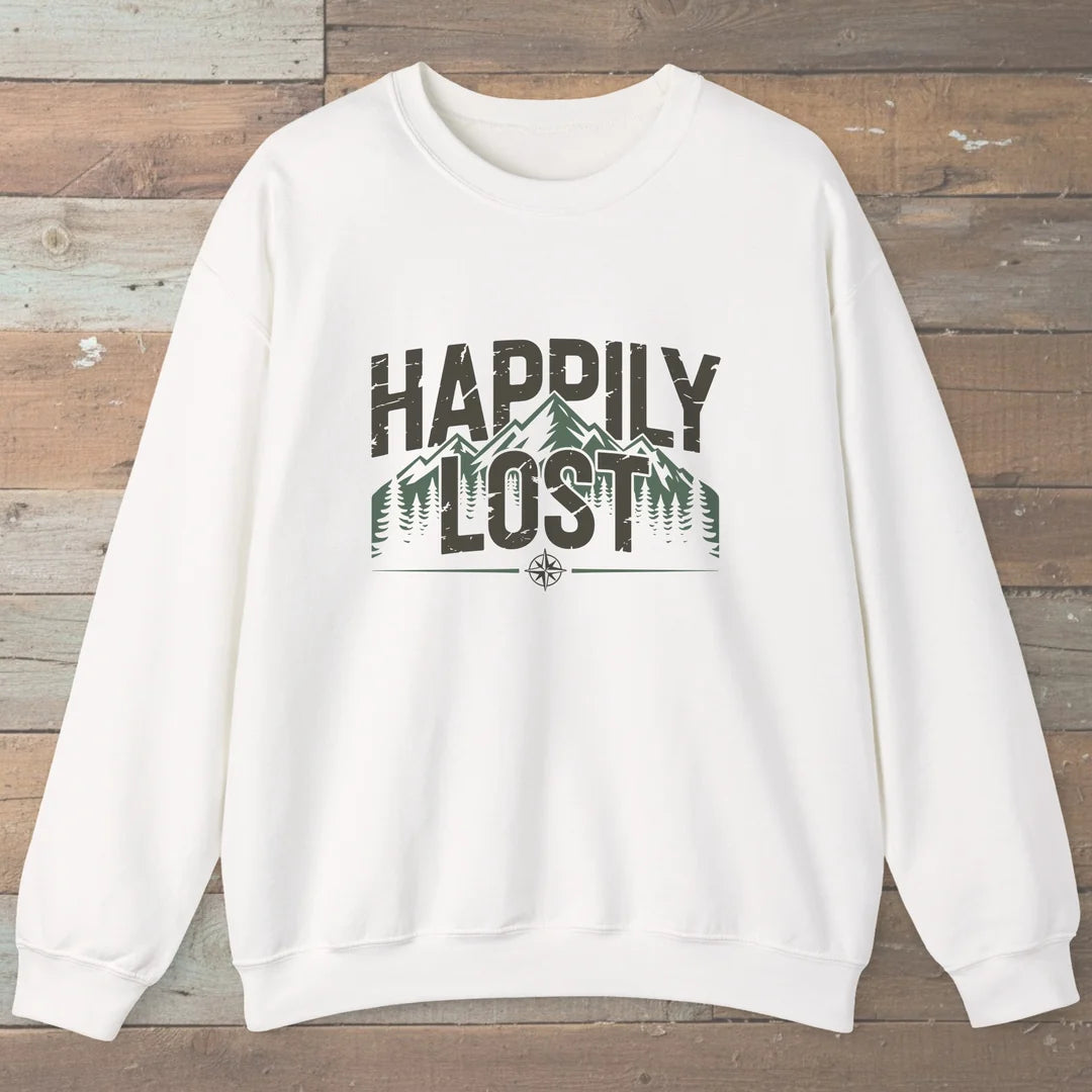 Happily Lost Mountain Trails Sweatshirt White Outdoor Nature Tee