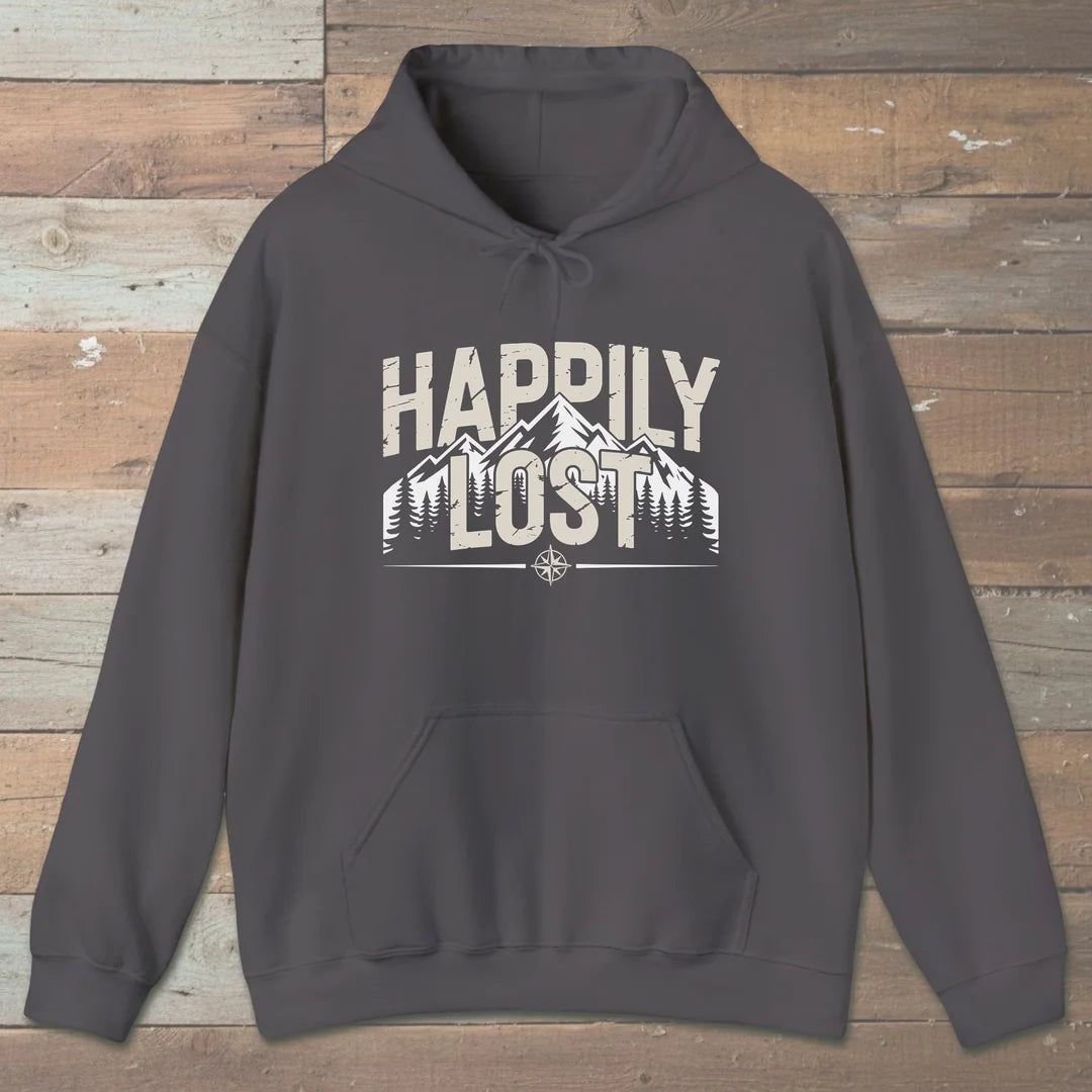 Happily Lost Mountain Trails Hoodie Charcoal Outdoor Nature Tee