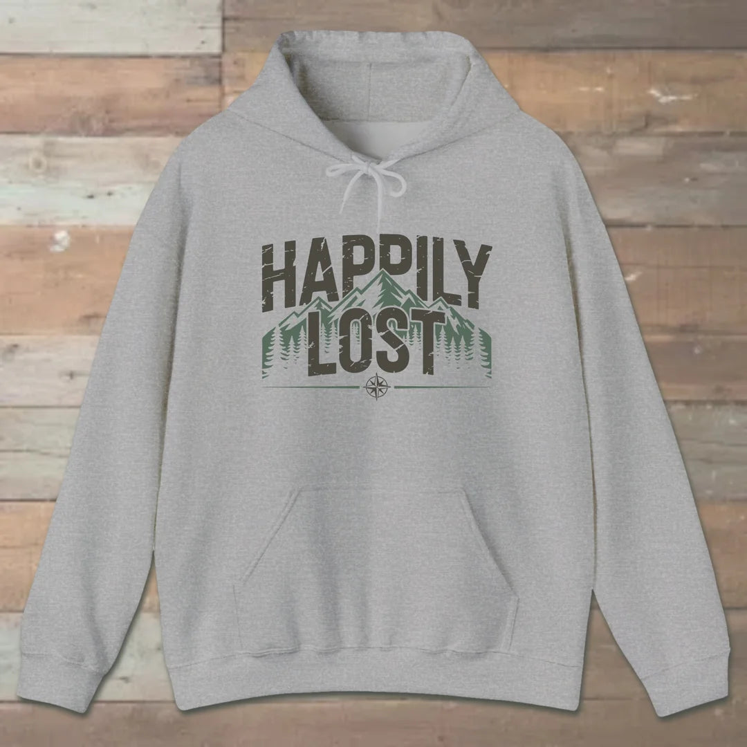 Happily Lost Mountain Trails Hoodie Sport Grey Outdoor Nature Tee