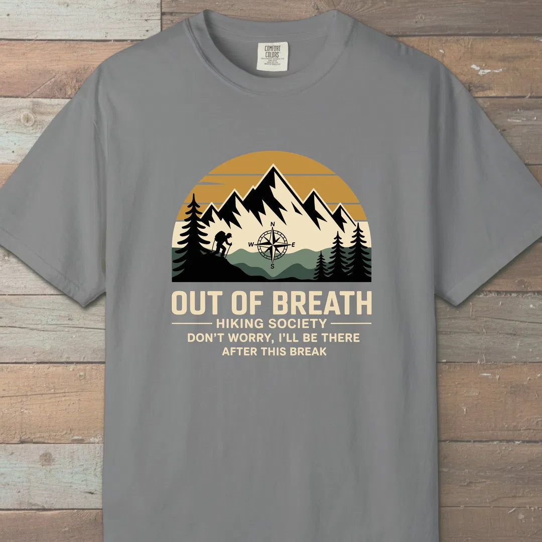 Out Of Breath Hiking Society Mountain T-Shirt Grey Outdoor Nature Tee