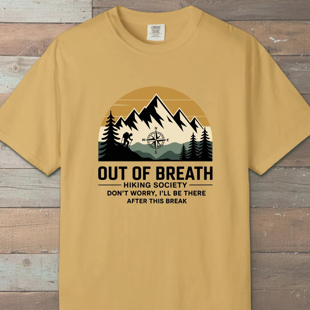 Out Of Breath Hiking Society Mountain T-Shirt Mustard Outdoor Nature Tee