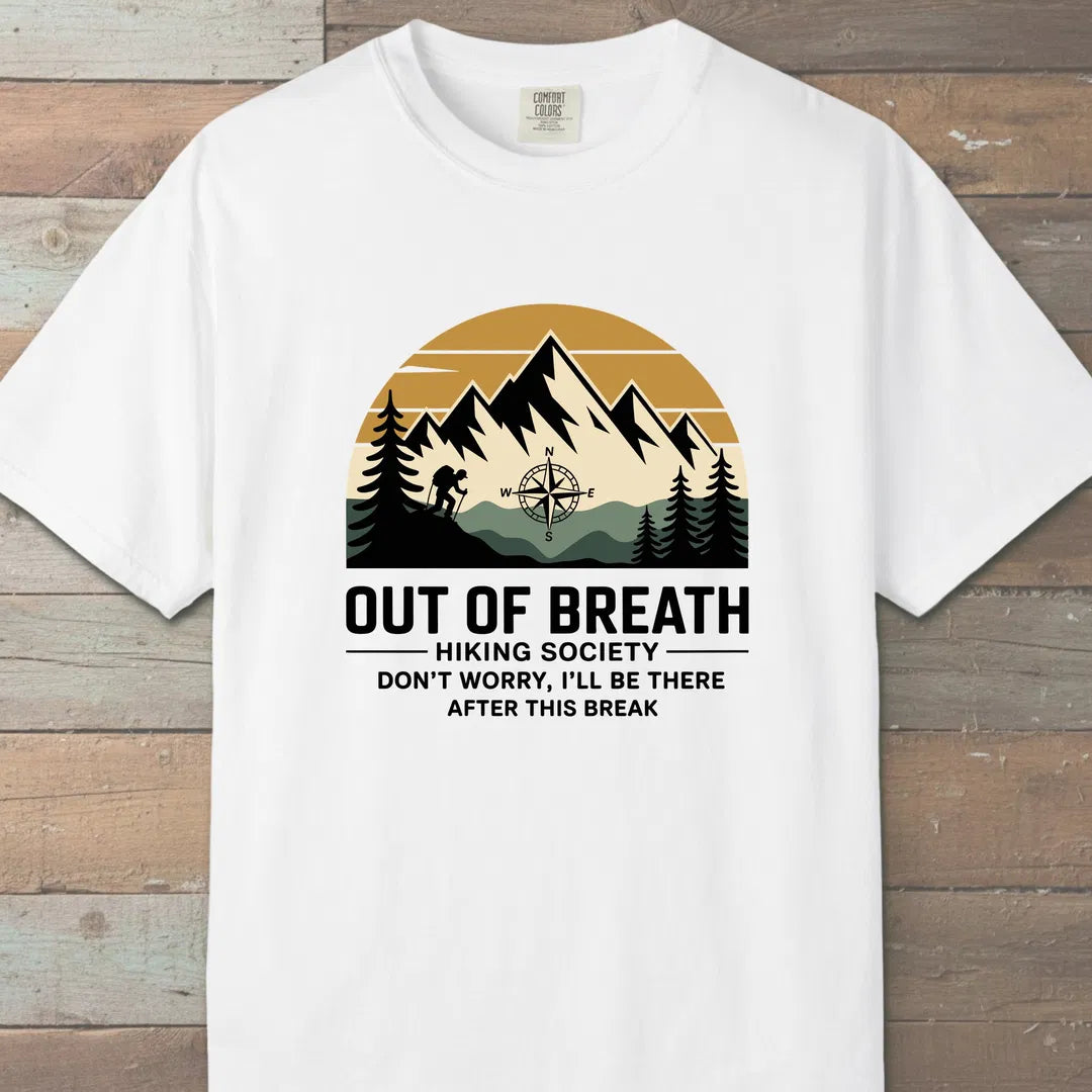 Out Of Breath Hiking Society Mountain T-Shirt White Outdoor Nature Tee