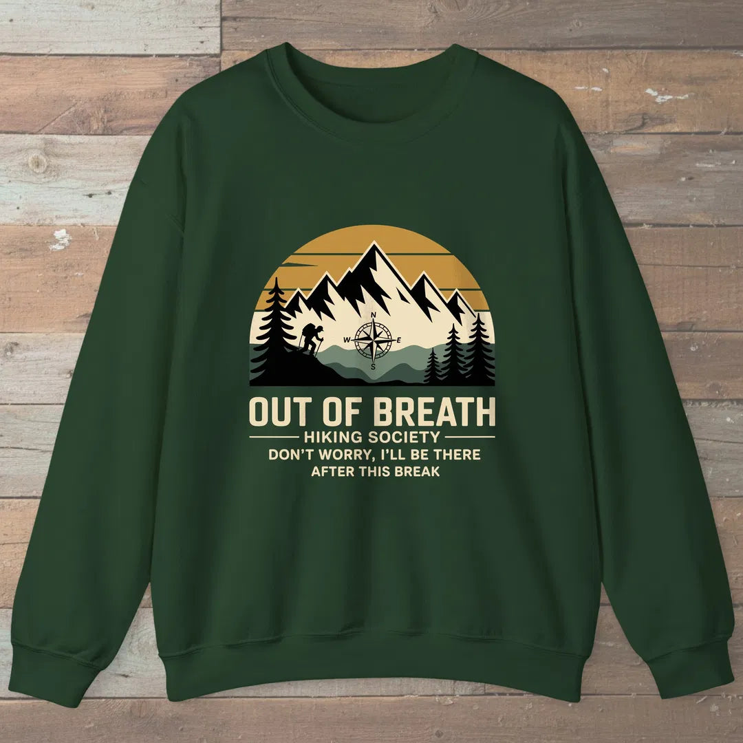 Out Of Breath Hiking Society Mountain Sweatshirt Forest Green Outdoor Nature Tee