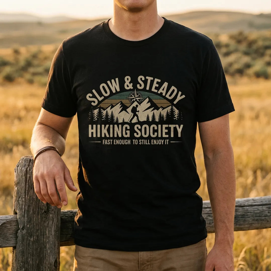 Slow And Steady Hiking Society T-Shirt Outdoor Nature Tee