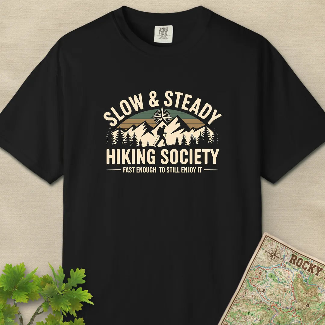 Slow And Steady Hiking Society T-Shirt Black Outdoor Nature Tee