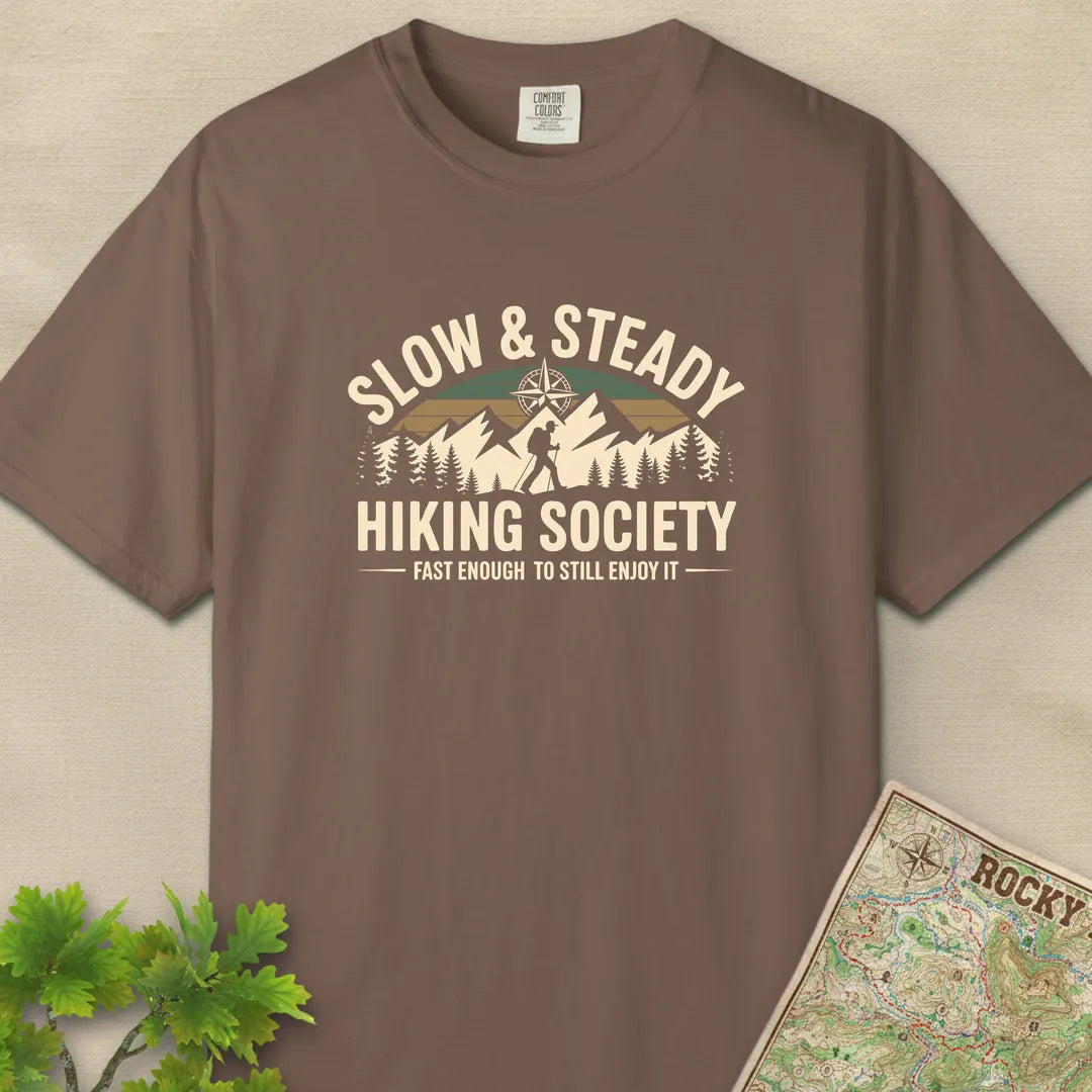Slow And Steady Hiking Society T-Shirt Espresso Outdoor Nature Tee