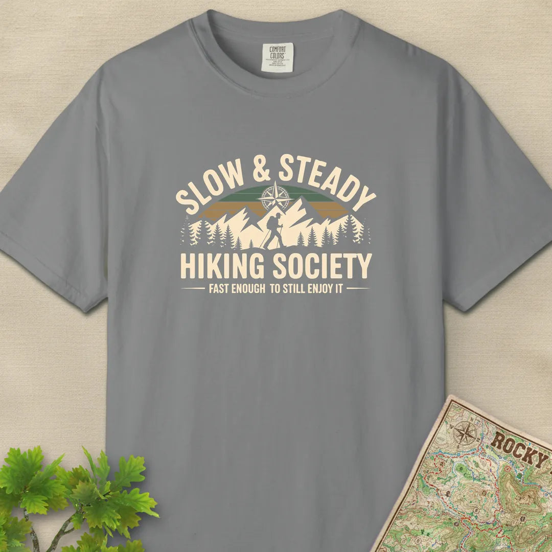 Slow And Steady Hiking Society T-Shirt Grey Outdoor Nature Tee