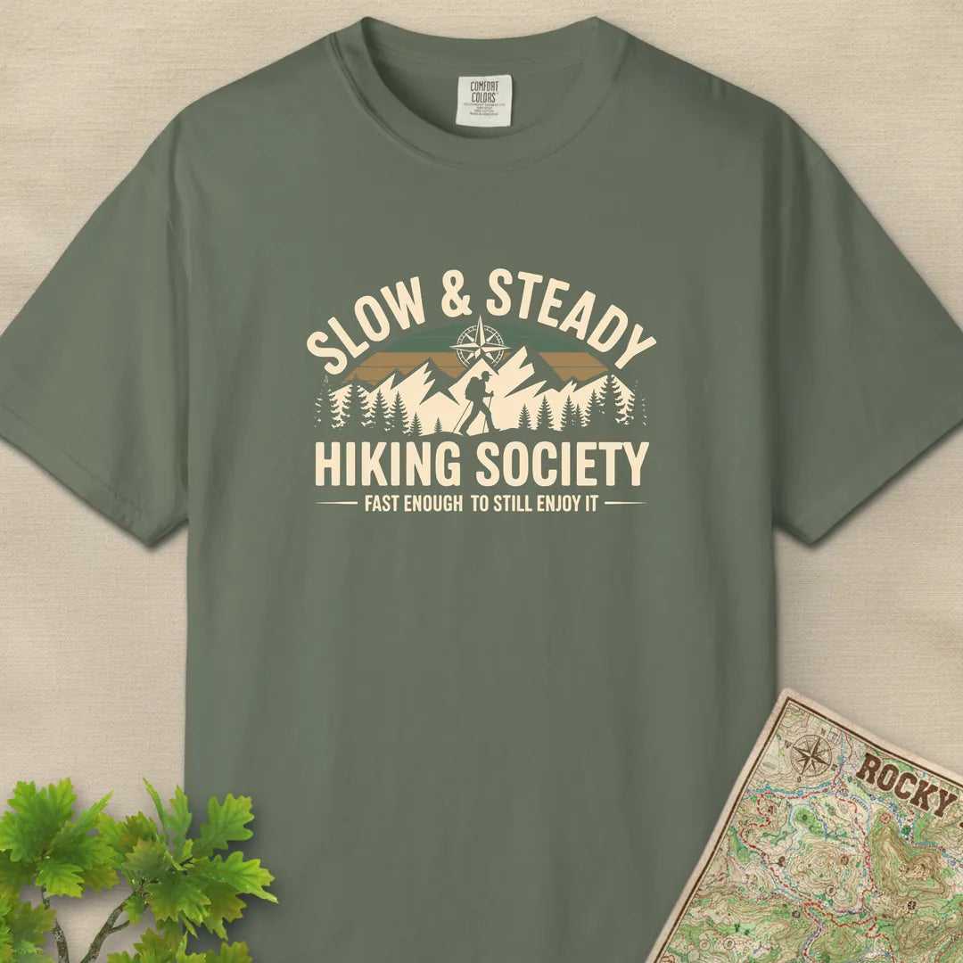 Slow And Steady Hiking Society T-Shirt Moss Outdoor Nature Tee