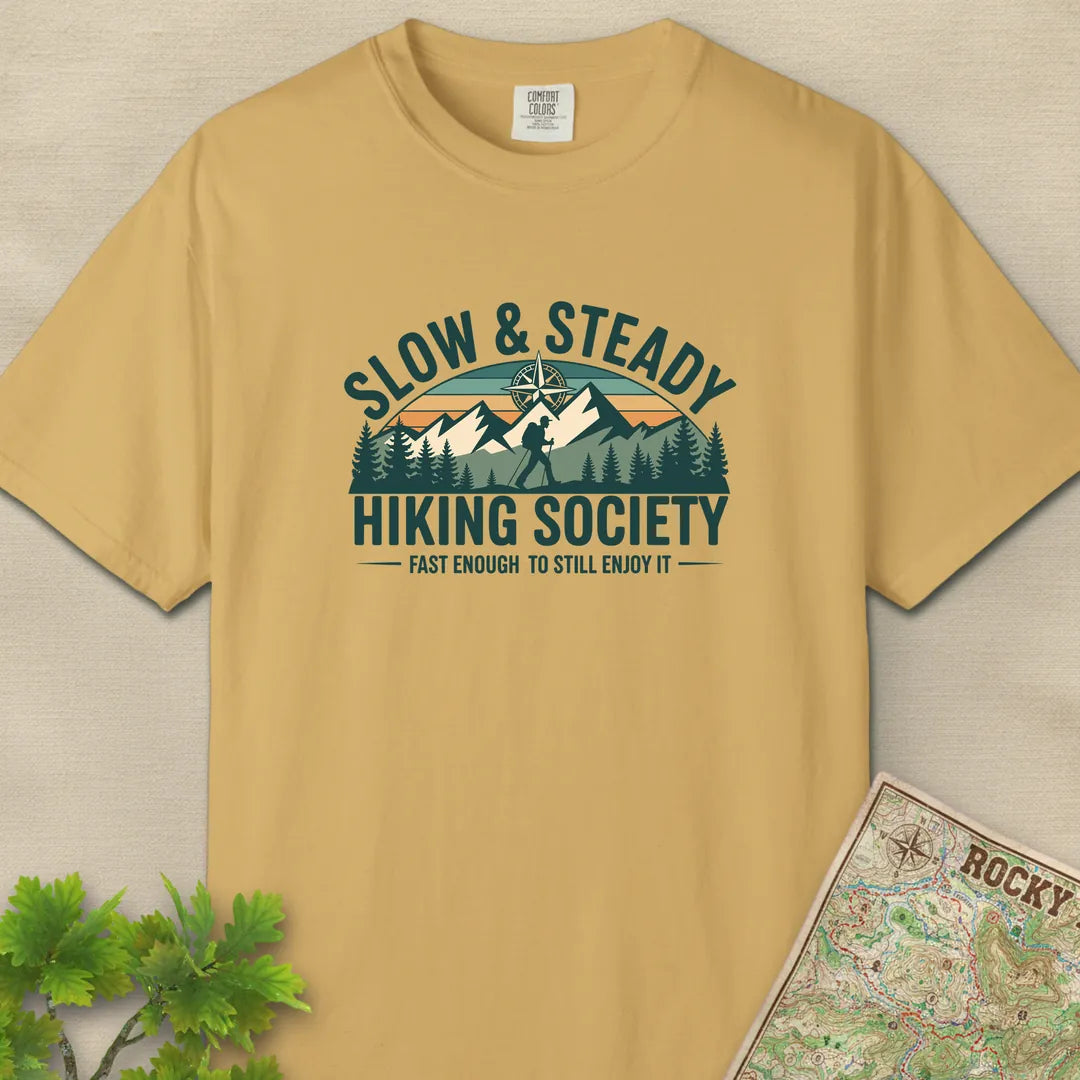Slow And Steady Hiking Society T-Shirt Mustard Outdoor Nature Tee