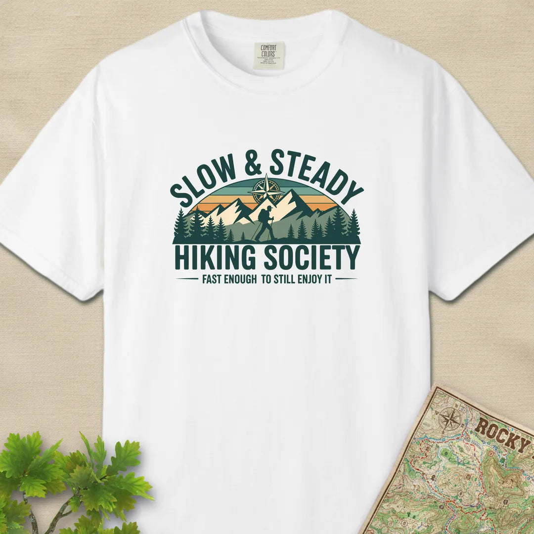 Slow And Steady Hiking Society T-Shirt White Outdoor Nature Tee