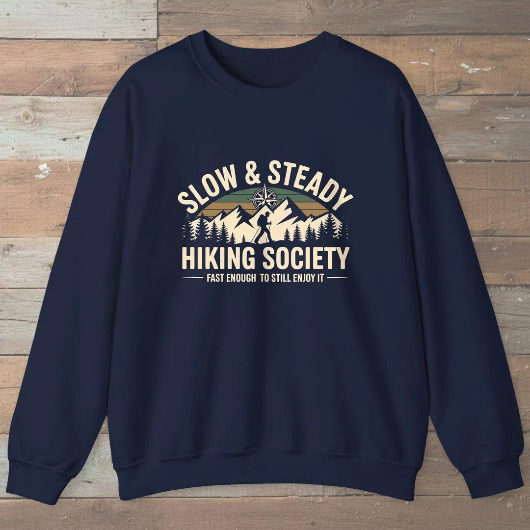 Slow And Steady Hiking Society Sweatshirt Navy Outdoor Nature Tee