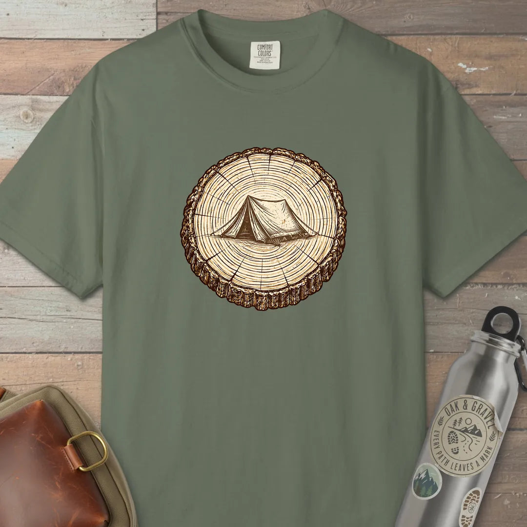 Stump Tent T-Shirt Moss Outdoor Nature Tee