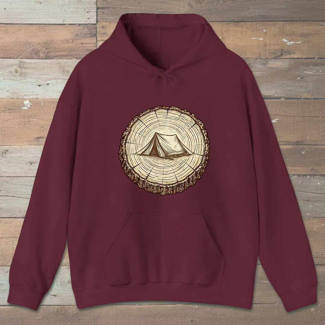 Stump Tent Hoodie Maroon Outdoor Nature Tee