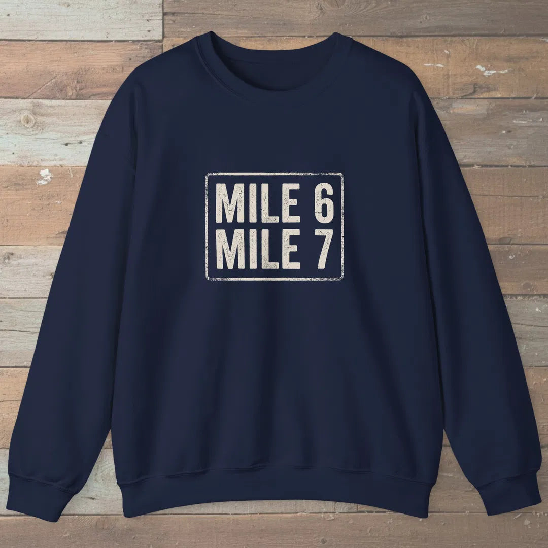 Mile 6 Mile 7 Trail Marker Sweatshirt Navy Outdoor Nature Tee