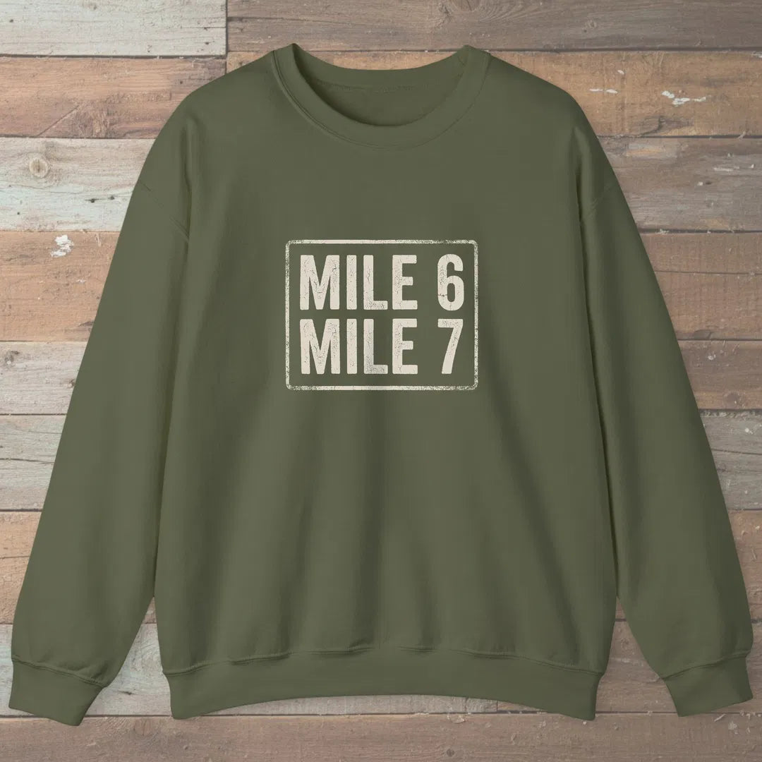 Mile 6 Mile 7 Trail Marker Sweatshirt Military Green Outdoor Nature Tee