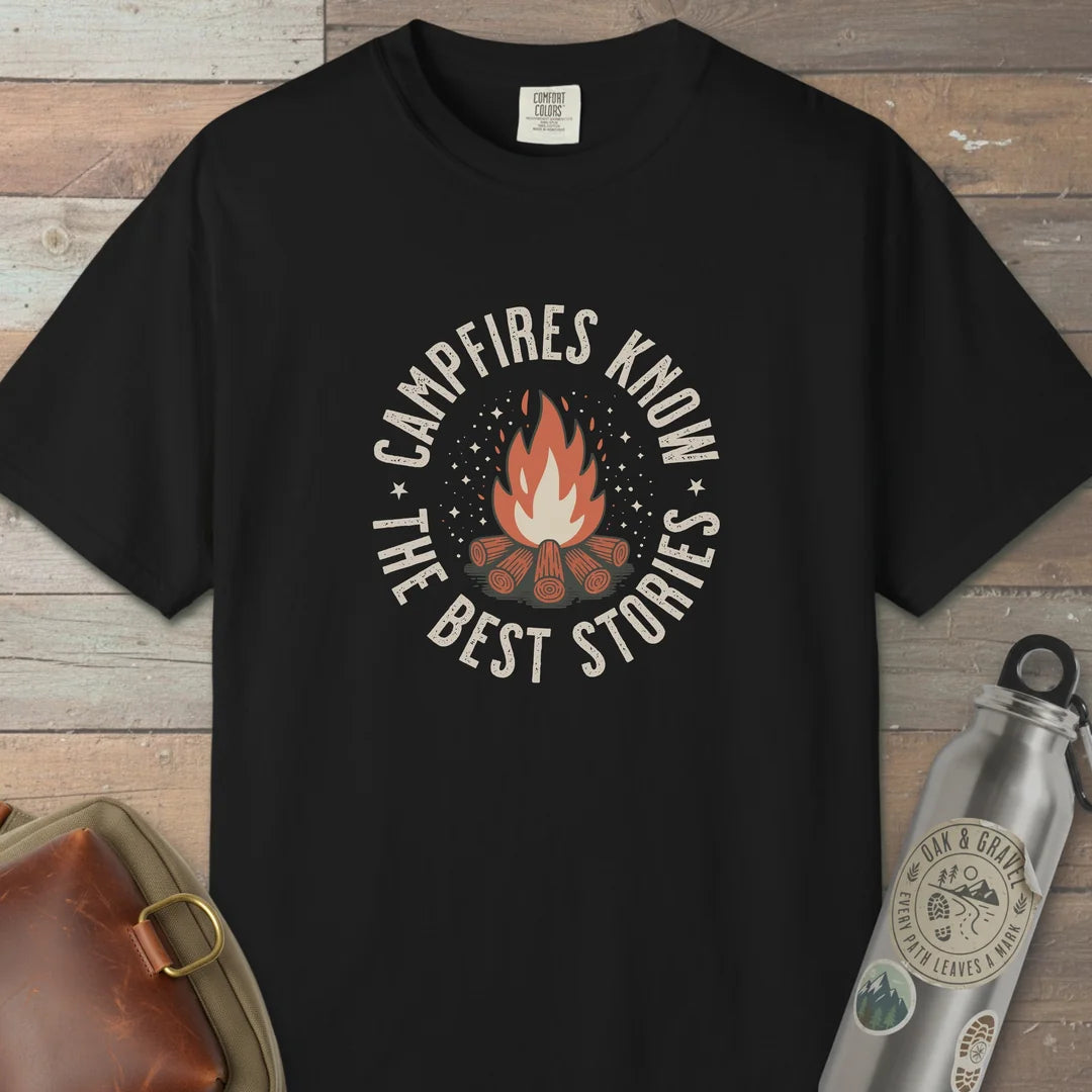 Campfires Know The Best Stories T-Shirt Black Outdoor Nature Tee