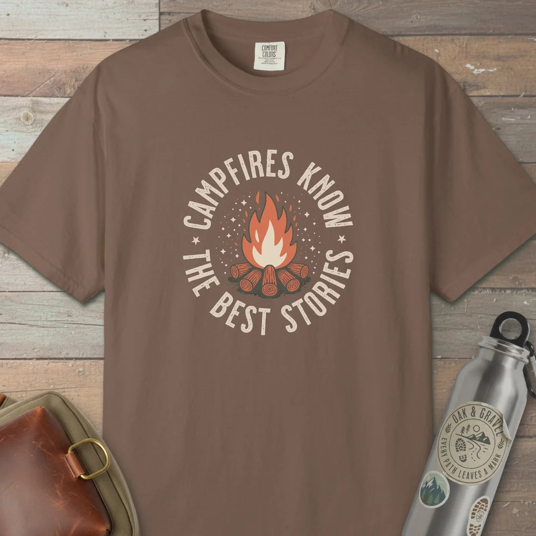 Campfires Know The Best Stories T-Shirt Espresso Outdoor Nature Tee
