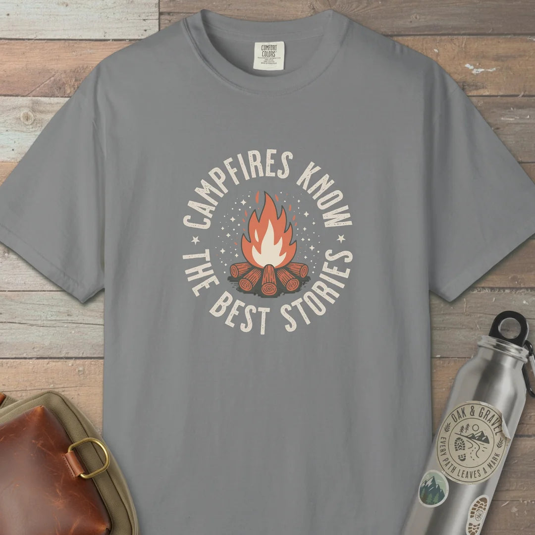 Campfires Know The Best Stories T-Shirt Grey Outdoor Nature Tee