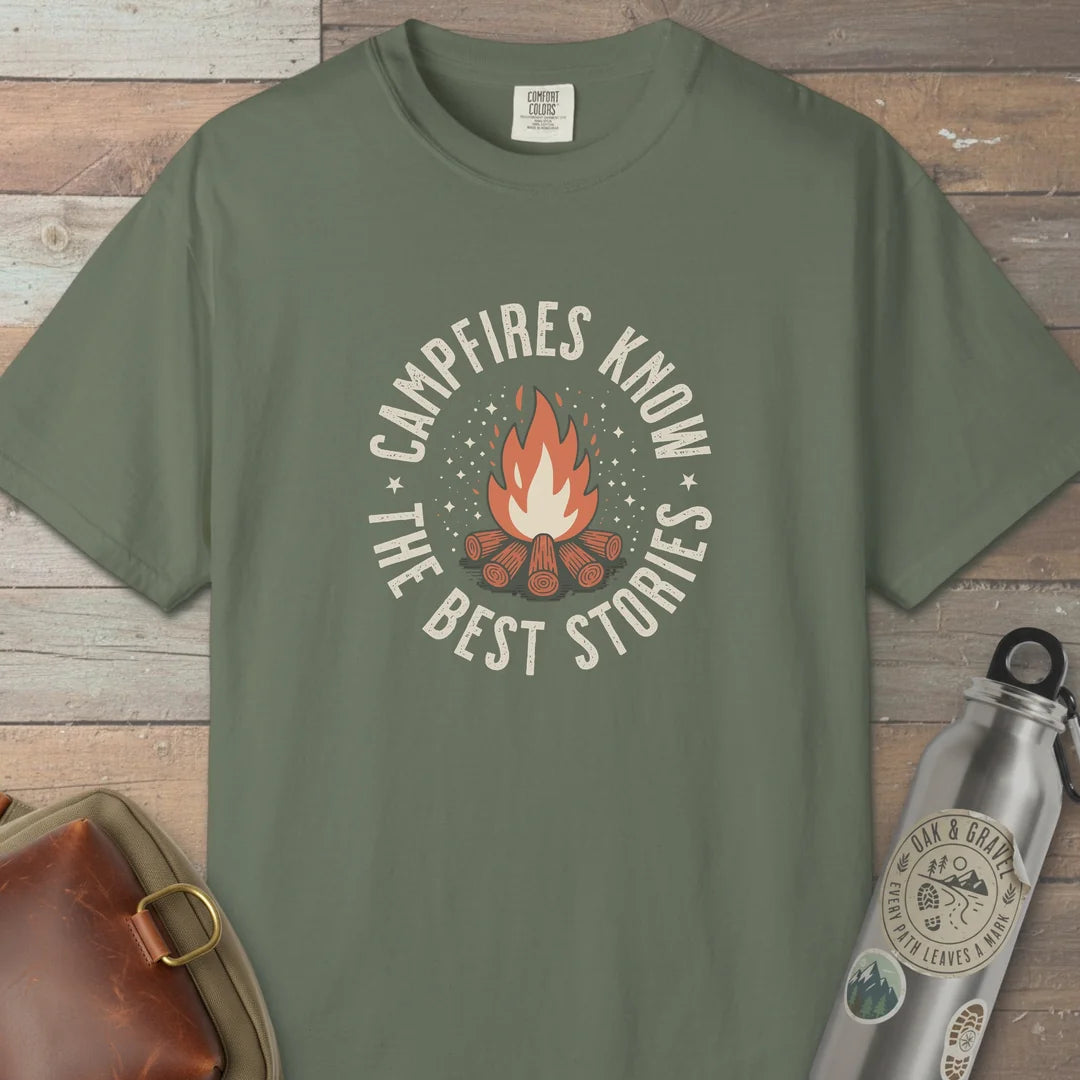 Campfires Know The Best Stories T-Shirt Moss Outdoor Nature Tee